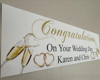 Personalised Wedding Day, Anniversary or Engagement Banner, Champagne and Hearts Gold or Silver Small or Large paper wall Banner