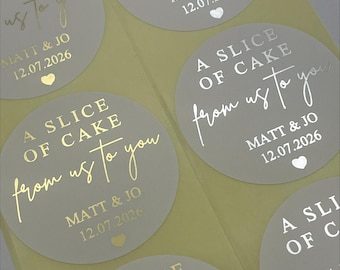 Wedding Cake Foiled Round Stickers personalised with names and date