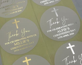 Christening, Baptism Foiled thank you stickers with Cross Personalised with Name and Date