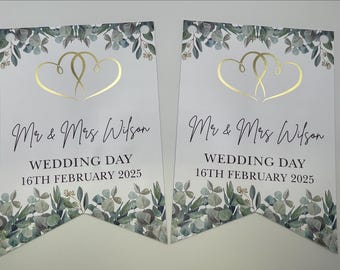 Personalised Wedding Bunting with Foiled Gold or Silver Hearts