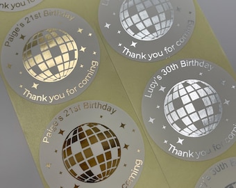 Personalised Birthday Disco ball Theme 50mm round stickers for favours, cake boxes, gift bags etc