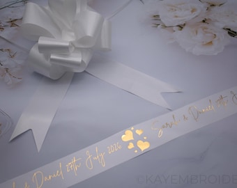 Personalised 6m Wedding or Prom Car Ribbon foil printed, choose your design, optional Pullbows
