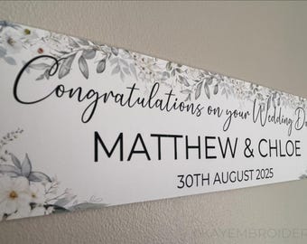 Personalised White floral Wedding Day, Anniversary or Engagement Banner, Small or Large paper wall Banner