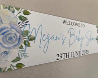 Baby Shower Banner Floral Pink or Blue Personalised with Name and Date 2 sizes available