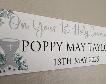 1st Holy Communion Banner, White Flowers and Eucalyptus Design Personalised with Name and Date