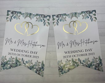 Personalised Wedding Bunting with Eucalyptus and Foiled Gold or Silver Hearts Bunting