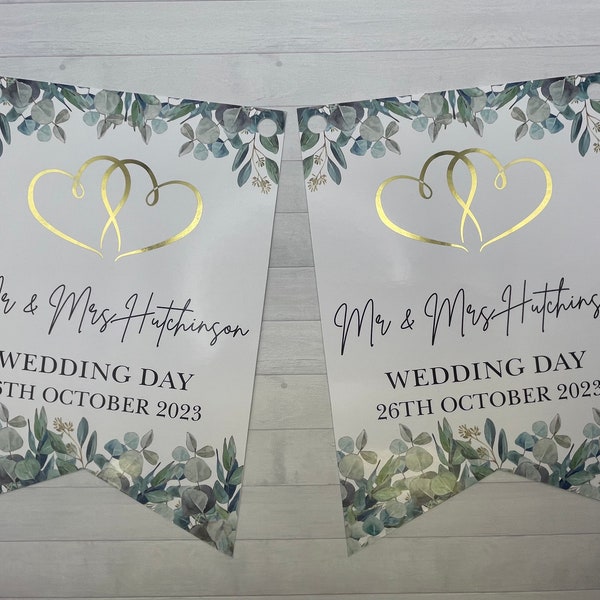 Personalised Wedding Bunting with Eucalyptus and Foiled Gold or Silver Hearts Bunting