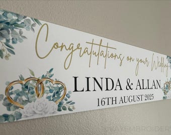 Wedding hearts and White Roses Personalised Celebration Banner Gold or Silver