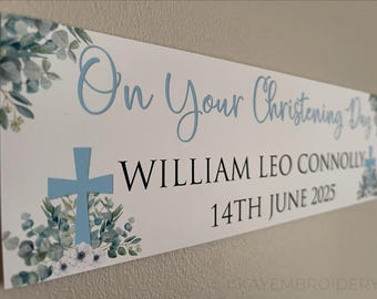 Christening Or Baptism Crosses and Eucalyptus Personalised Party Celebration Banner