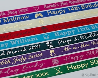 Personalized 15mm Satin Ribbon with Custom Foil Text, Bespoke Printed Ribbon for Gift Wrapping, Weddings, and Branding