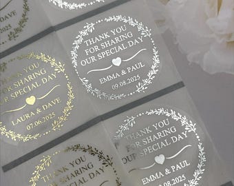 Personalised Wedding Favour thank you Stickers, 50mm Round (24 Pack) Foil Printed