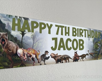 Dinosaurs Jurassic theme Birthday Banner Personalised for any age Party Decoration 2 Sizes Available