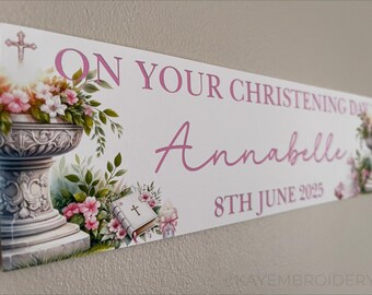 Christening, Baptism Floral with Font pink or blue Personalised Celebration Banner