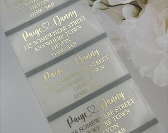 Address Labels Customised to suit, RSVP Labels, Return Address White or Clear Labels with Foil Print
