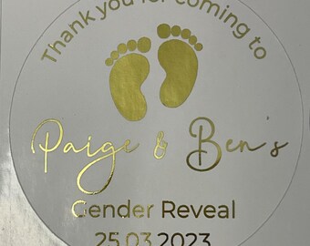 Personalised Baby Gender Reveal foiled 50mm round stickers for favours, cake boxes, gift bags etc