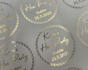 Personalised Hen Party Dotted Edge foiled 50mm round stickers for favours, cake boxes, gift bags etc