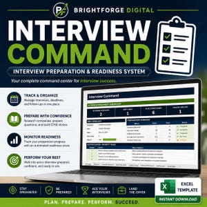 Puede incluir: Un sistema digital de preparación de entrevistas mostrado en una pantalla de portátil, con el texto Interview Command, Brightforge Digital y un panel de preparación con métricas, listas de tareas y barras de progreso, junto a un icono de portapapeles.