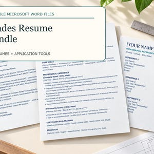 May include: A Trades Resume Bundle featuring editable Microsoft Word files, including 12 resumes and application tools. The documents display professional experience, core skills, and reference sections with black text on white paper, accompanied by a black pen.