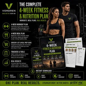 Może przedstawiać: Vordren 4-Week Fitness & Nutrition Plan zawiera cyfrowy przewodnik, plan treningowy, plan posiłków, listę zakupów i tracker nawyków. Materiały zawierają logo Vordren, zielony i biały tekst oraz ikony dotyczące treningu i odżywiania.