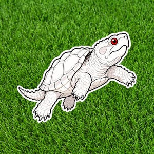 Puede incluir: Una ilustración de una tortuga blanca con un caparazón detallado, piel texturizada y ojos rojos llamativos. La tortuga se muestra en una pose de nado dinámica con las extremidades extendidas, contornos negros y un borde blanco alrededor.