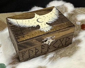 Handmade White Raven Totem Box: Nordic Runes, Tarot Card Storage