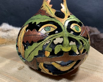 Green Man Horned God - carved Gourd Sculpture - pagan wiccan new age magick Herne Lord