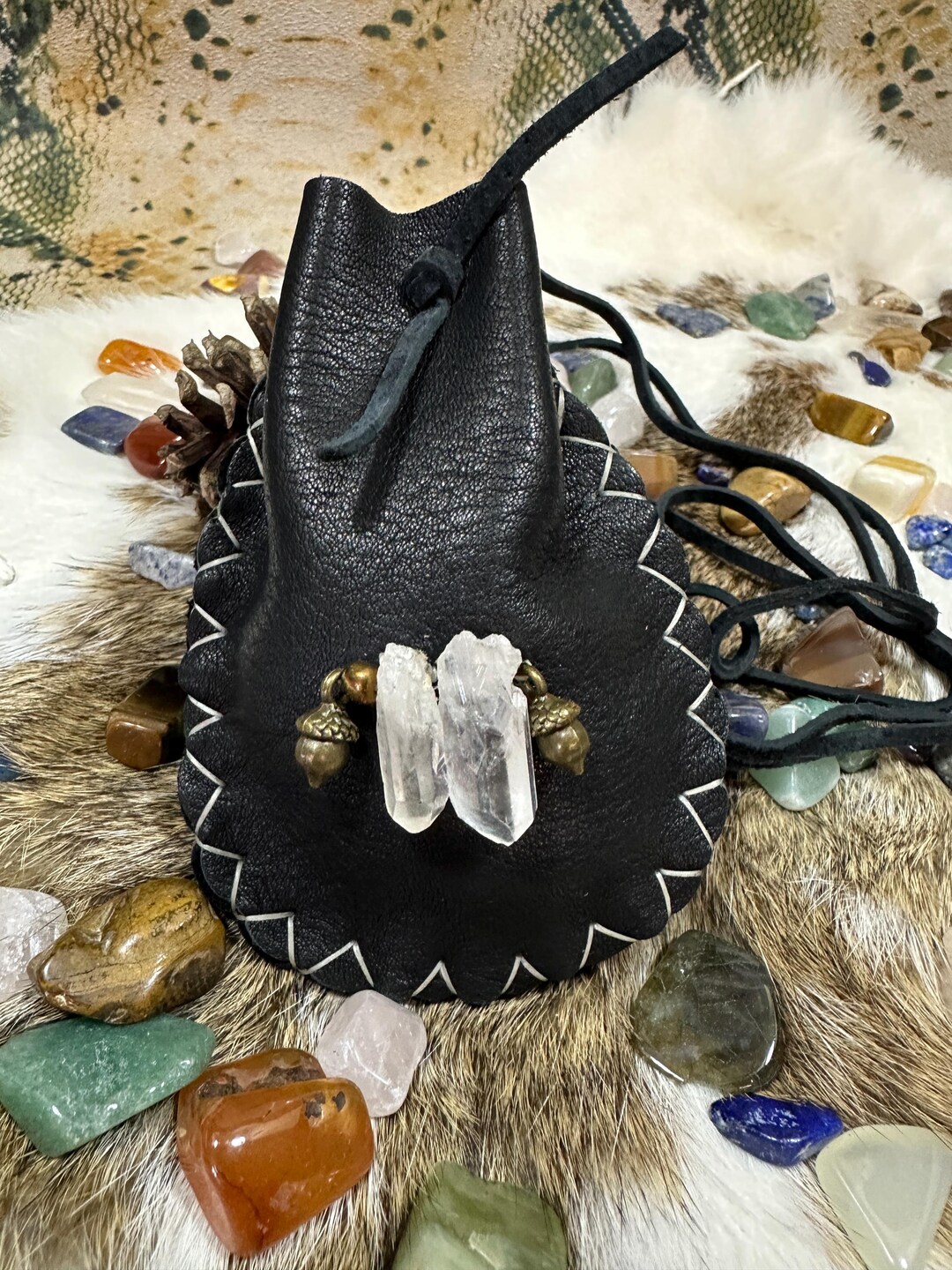 Primitive Pouch Leather Spirit Pouch or Medicine Bag - Crystal Acorn Magic -- Primitive ...