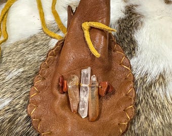 Leather Spirit Pouch or Medicine Bag - Quartz Crystal Point -- primitive Style - handmade