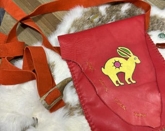 Red Leather Spirit Pouch: Handmade Rabbit Totem Amulet Bag