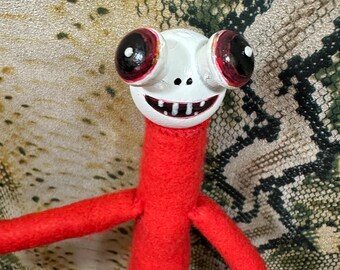 Handmade Zephariel Grinfolk Plush Doll – Red Demon Folk Art