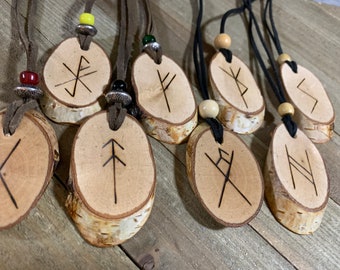 Deluxe Nordic Rune and Bindrune Amulet Necklaces - birch wood -  Nordic Elder FUThARK Rune - pagan wiccan asatru heathen magic