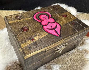 Rosy Goddess Wooden Box: Hand-Painted Altar Tarot Card Storage