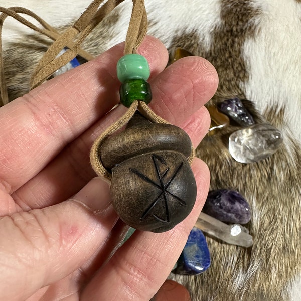 Abundance and Wealth Bindrune Amulet -- acorn wood -- Nordic Elder FUThARK Rune - pagan wiccan asatru heathen magic