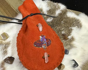 Handmade Orange Leather Amulet Bag: Cicada & Quartz Crystal