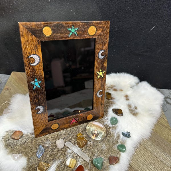 Espejo de adivinación negro: estrellas y lunas pintadas a mano, herramienta de adivinación