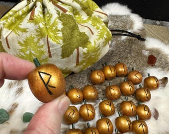 Handmade Wood Rune Set – Golden Apple Design, Trees Pouch