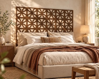 Wooden Headboard Wall Panels, Geometric Floral Wood Headboard, Boho Queen and King Bed Wall Decor, Handmade Plywood Bedroom Wall Art