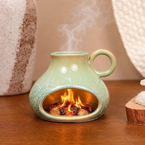 Moss Green Celadon Speckled Incense Holder Ceramic Hearth Form Loop Handle Sculptural Cozy Glazed Home Fragrance Housewarming Gift
