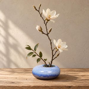Blue Ceramic Ikebana Vase Handmade Round Bud Vase Wabi Sabi Japanese Home Decor Mottled Glaze Flower Holder Minimalist Table Centerpiece