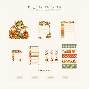 Può includere: Un kit per agenda Dragon Fall con un'illustrazione di un drago verde, pagine a righe, caselle di controllo, etichette decorative e strisce di nastro adesivo con motivi autunnali come zucche, foglie e funghi su sfondo chiaro.
