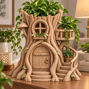 May include: A light brown tree-shaped planter featuring a central arched door with a ring handle, a circular window, a small balcony, and a staircase. The structure has textured bark-like details and holds green leafy plants in multiple sections.