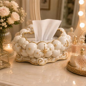 May include: A white ceramic tissue box cover shaped like a cluster of clouds with gold-painted star and crescent moon accents. The base features ornate gold scrollwork detailing, and the top opening holds a single white facial tissue.