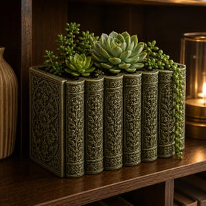 May include: A rectangular planter shaped like a row of antique books with ornate floral embossing in a muted olive green finish. The planter holds several green succulents, including a large rosette-shaped plant and trailing string of pearls.