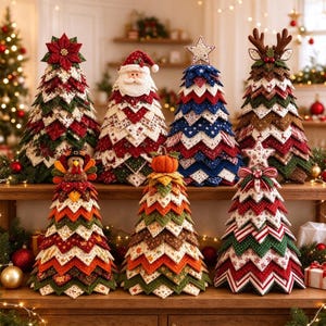May include: A collection of seven fabric Christmas tree ornaments featuring layered, chevron-patterned patchwork designs. The trees include motifs of a poinsettia, Santa Claus, a star, reindeer antlers, a turkey, a pumpkin, and a bow.