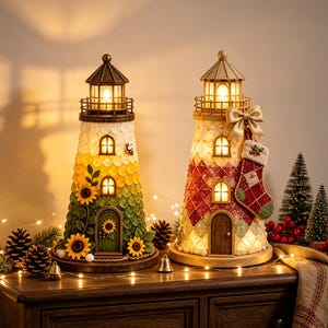 DIY Sea Glass 3D Lighthouse Light Kit,Build Your Own Coastal Lighthouse Lamp with LED Light,Nautical Beach Home Decor,Unique  Christmas Gift