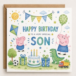 Pode incluir: Um cartão de aniversário quadrado com personagens da Peppa Pig, um bolo com três velas acesas, um dinossauro verde, uma bola de futebol e um caminhão de brinquedo. O texto diz Happy Birthday to a very special Son.