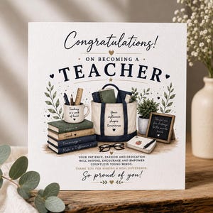 Könnte beinhalten: Eine quadratische Grußkarte mit dem Text Congratulations! ON BECOMING A TEACHER. Das Design zeigt einen Stapel Bücher, eine Tasse mit Stiften, eine Tragetasche, eine Brille und eine kleine Tafel mit dem Text The future belongs to the minds - teach.