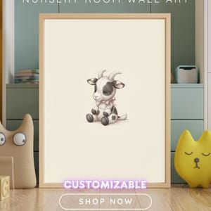 May include: A framed wall art print featuring a central illustration of a small, seated black and white goat with a light pink ribbon around its neck. The text NURSERY ROOM WALL ART, CUSTOMIZABLE, and SHOP NOW are visible on the image.