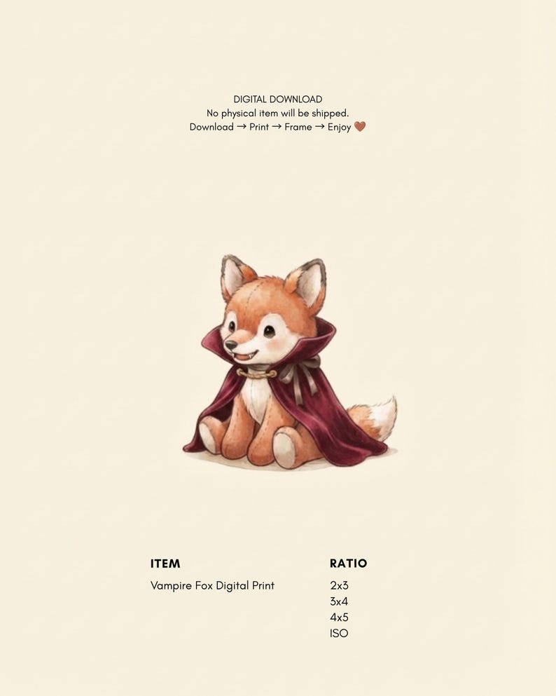 Vintage Vampire Fox Wall Art Print – Halloween Nursery Decor | A Little Bit Spooky Collection image 2