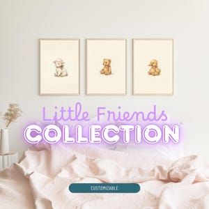 May include: Three framed wall art prints featuring a white lamb, a brown teddy bear, and a yellow duckling on cream backgrounds. The text Little Friends COLLECTION is displayed in purple, and a dark teal button reads CUSTOMIZABLE.